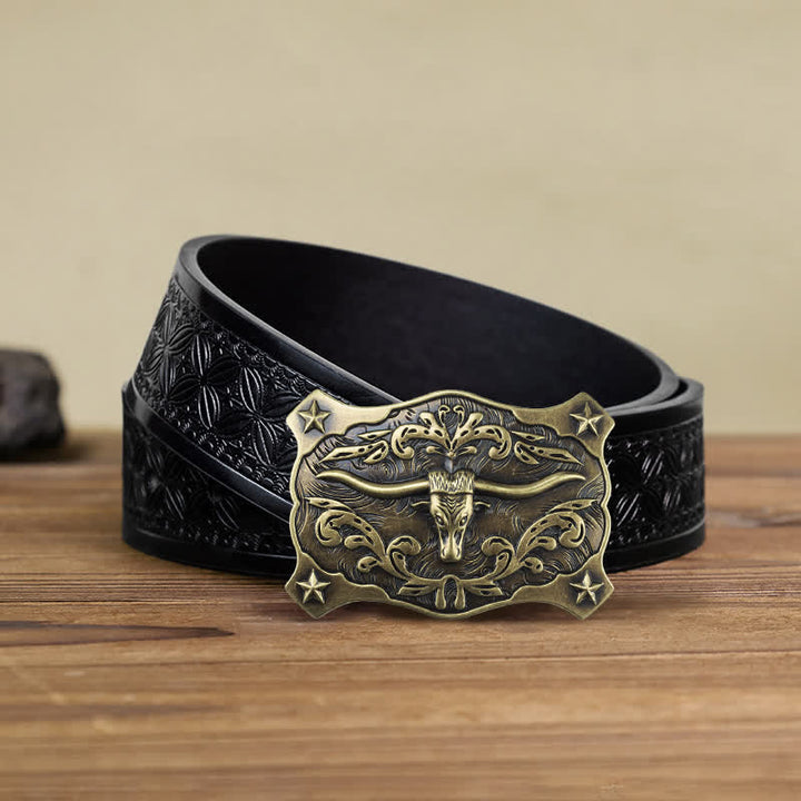 Cintura in pelle con fibbia a testa di toro quadrata fai da te da uomo in stile western - Testa di toro - Cintura in tessuto goffrato nero (40) - image 9