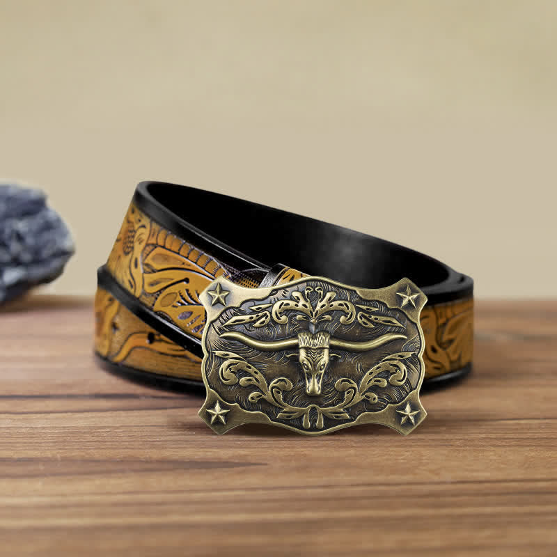 Cintura in pelle con fibbia a testa di toro quadrata fai da te da uomo in stile western - Testa di toro - Cintura marrone sabbia (40) - image 15
