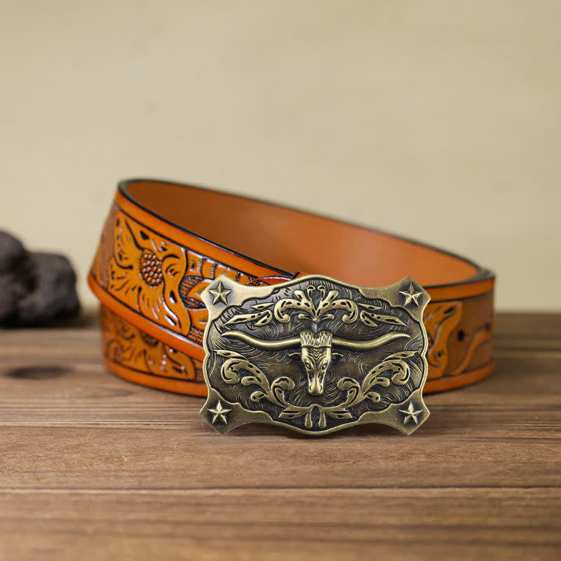 Cintura in pelle con fibbia a testa di toro quadrata fai da te da uomo in stile western - Testa di toro - Cintura intagliata arancione (40) - image 17