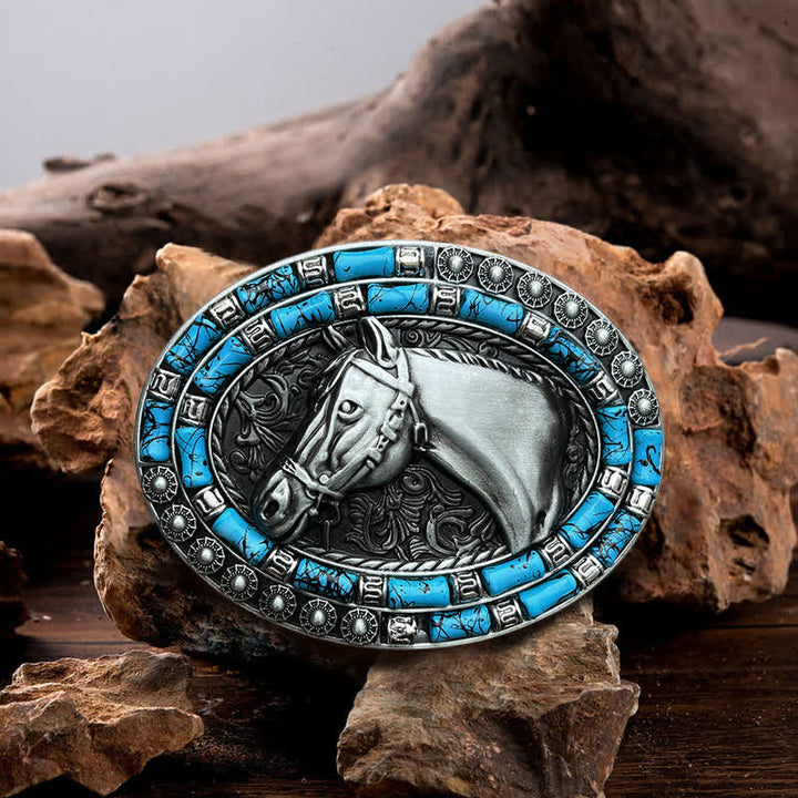 Cintura in pelle con fibbia turchese a forma di testa di cavallo fai da te da uomo - Argento - Senza cintura - image 0