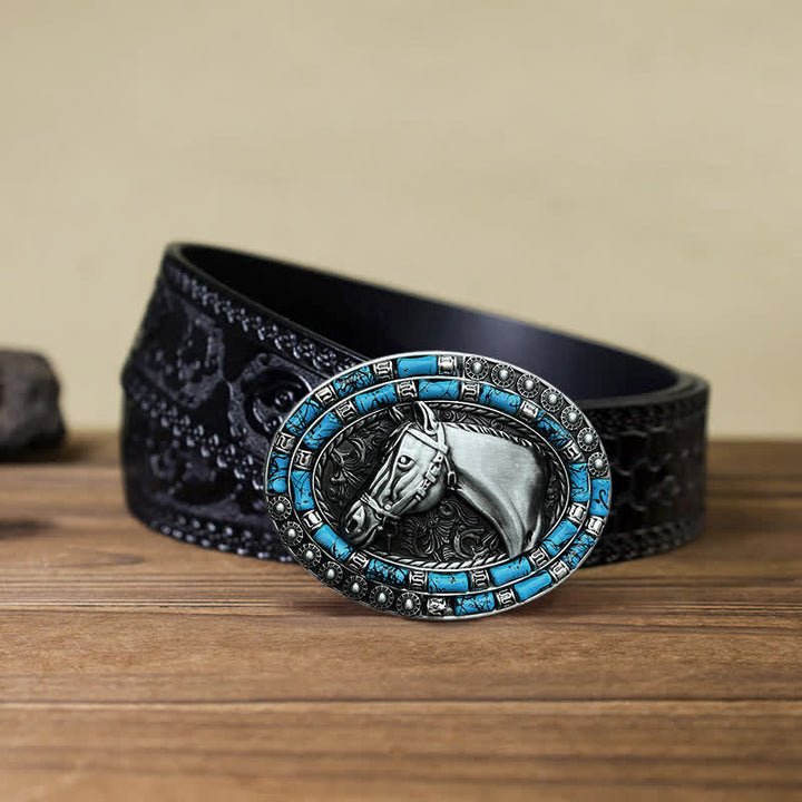 Cintura in pelle con fibbia turchese a forma di testa di cavallo fai da te da uomo - Argento - Cintura nera intagliata (40) - image 11