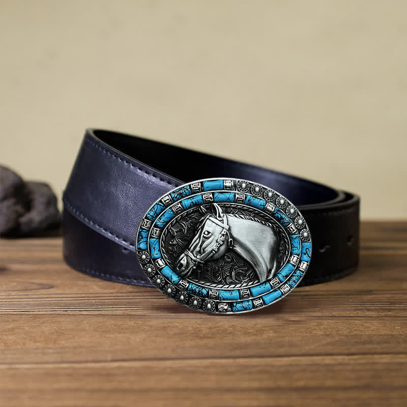 Cintura in pelle con fibbia turchese a forma di testa di cavallo fai da te da uomo - Argento - Cintura PU nera (40) - image 5