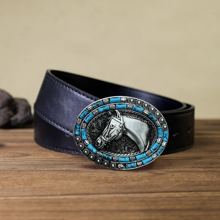 Cintura in pelle con fibbia turchese a forma di testa di cavallo fai da te da uomo - Argento - Cintura PU nera (40) - image 5