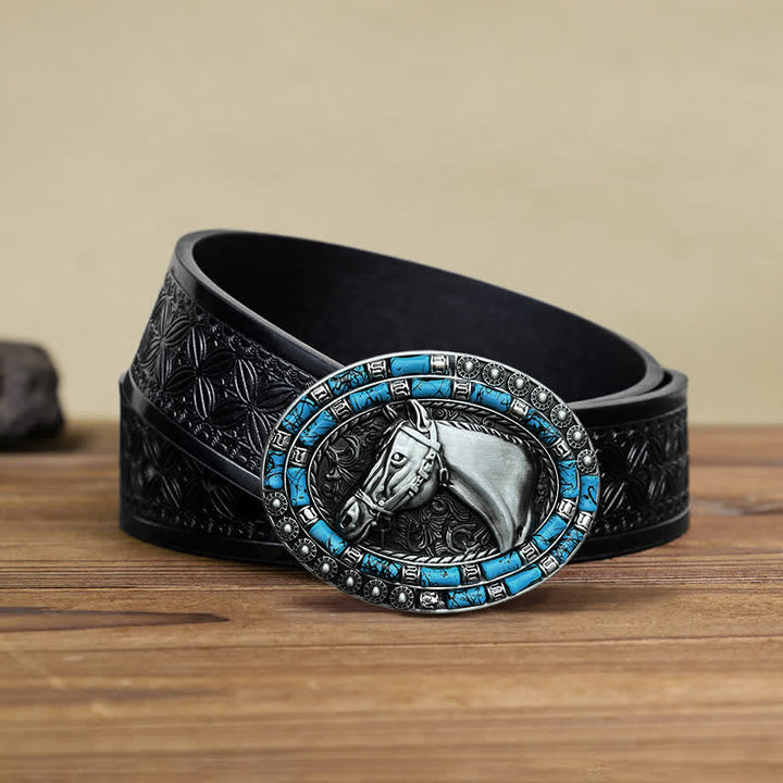 Cintura in pelle con fibbia turchese a forma di testa di cavallo fai da te da uomo - Argento - Cintura in tessuto goffrato nero (40) - image 9
