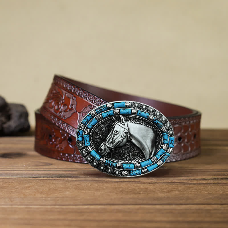 Cintura in pelle con fibbia turchese a forma di testa di cavallo fai da te da uomo - Argento - Cintura marrone intagliata (40) - image 13