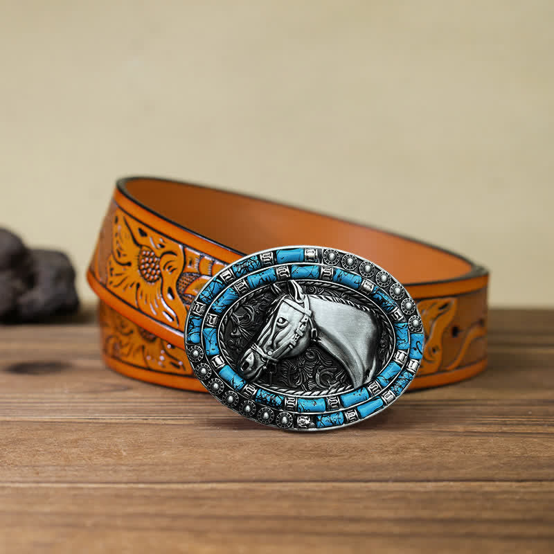 Cintura in pelle con fibbia turchese a forma di testa di cavallo fai da te da uomo - Argento - Cintura intagliata arancione (40) - image 17