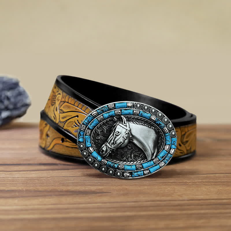 Cintura in pelle con fibbia turchese a forma di testa di cavallo fai da te da uomo - Argento - Cintura marrone sabbia (40) - image 15