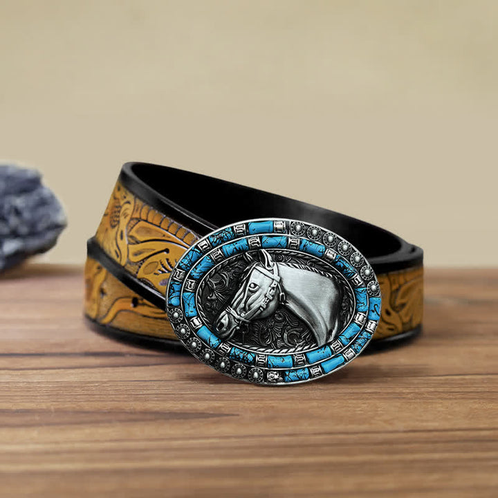 Cintura in pelle con fibbia turchese a forma di testa di cavallo fai da te da uomo - Argento - Cintura marrone sabbia (40) - image 15