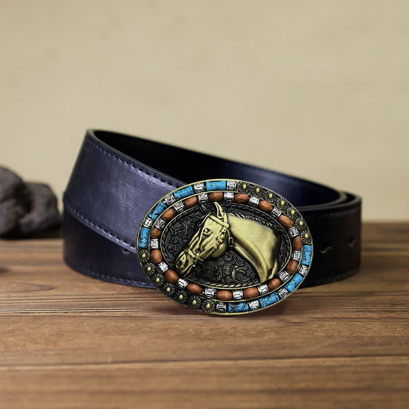 Cintura in pelle con fibbia turchese a forma di testa di cavallo fai da te da uomo - Bronzo - Cintura PU nera (40) - image 6