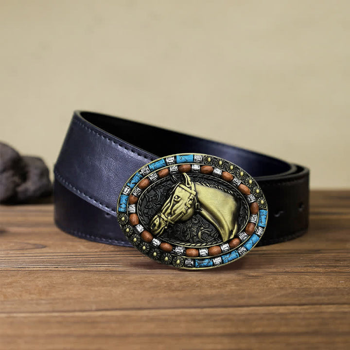 Cintura in pelle con fibbia turchese a forma di testa di cavallo fai da te da uomo - Bronzo - Cintura PU nera (40) - image 6