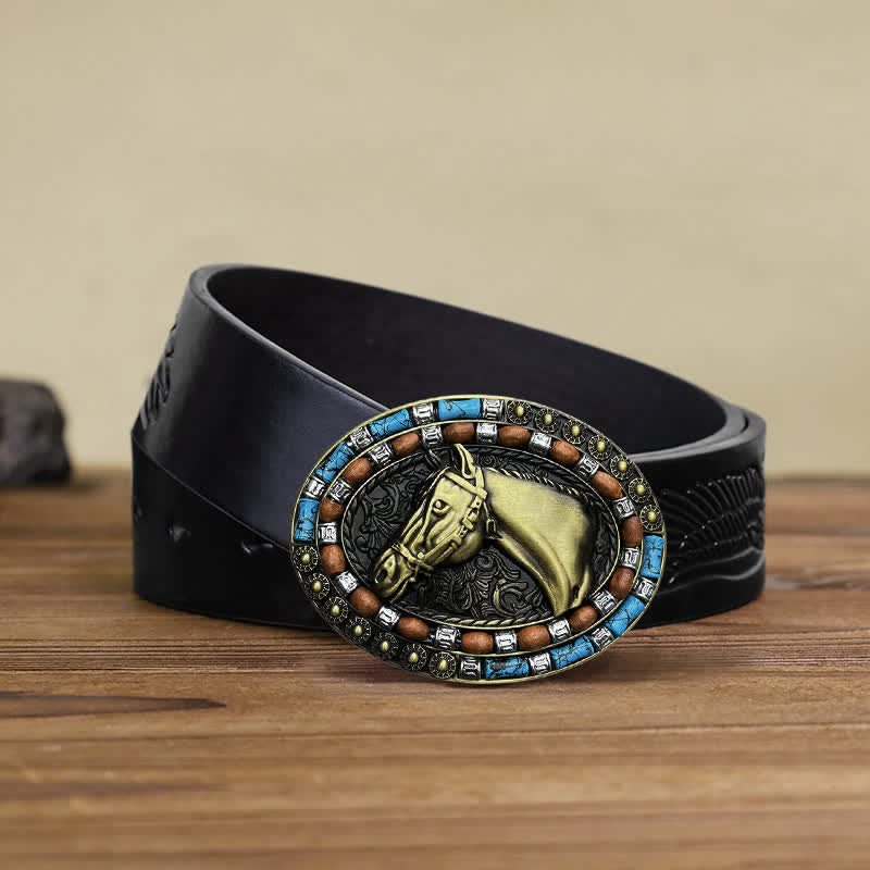 Cintura in pelle con fibbia turchese a forma di testa di cavallo fai da te da uomo - Bronzo - Cintura aquila in rilievo nera (40) - image 8