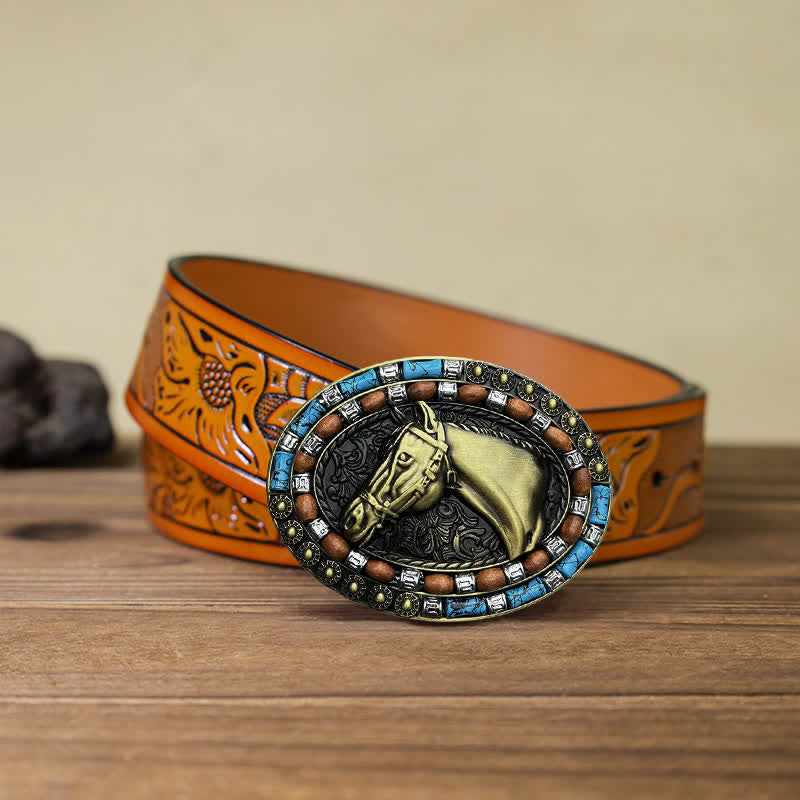 Cintura in pelle con fibbia turchese a forma di testa di cavallo fai da te da uomo - Bronzo - Cintura intagliata arancione (40) - image 18