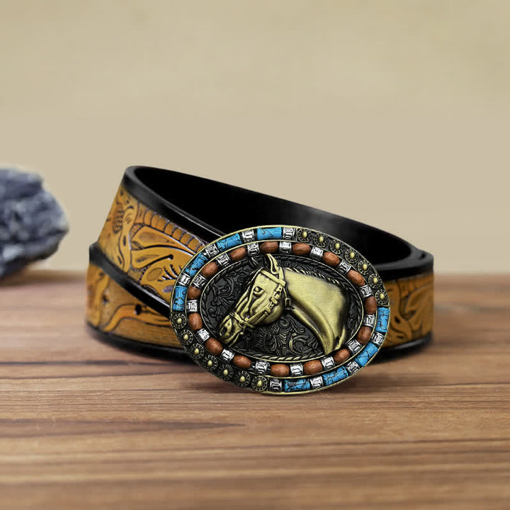 Cintura in pelle con fibbia turchese a forma di testa di cavallo fai da te da uomo - Bronzo - Cintura marrone sabbia (40) - image 16