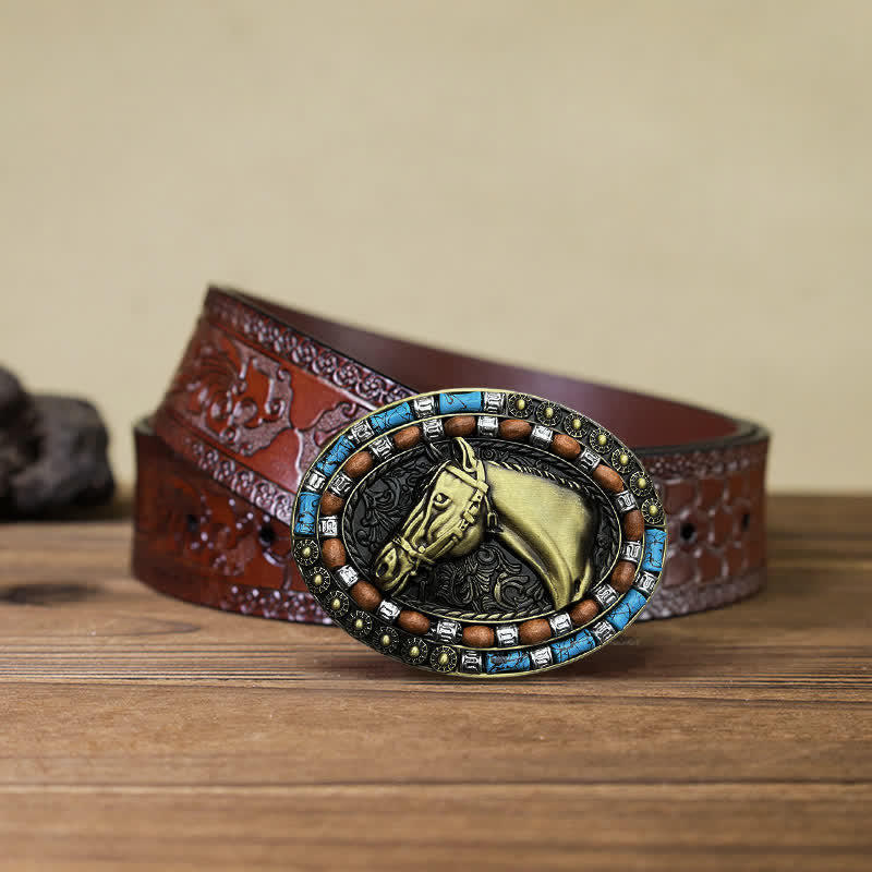 Cintura in pelle con fibbia turchese a forma di testa di cavallo fai da te da uomo - Bronzo - Cintura marrone intagliata (40) - image 14