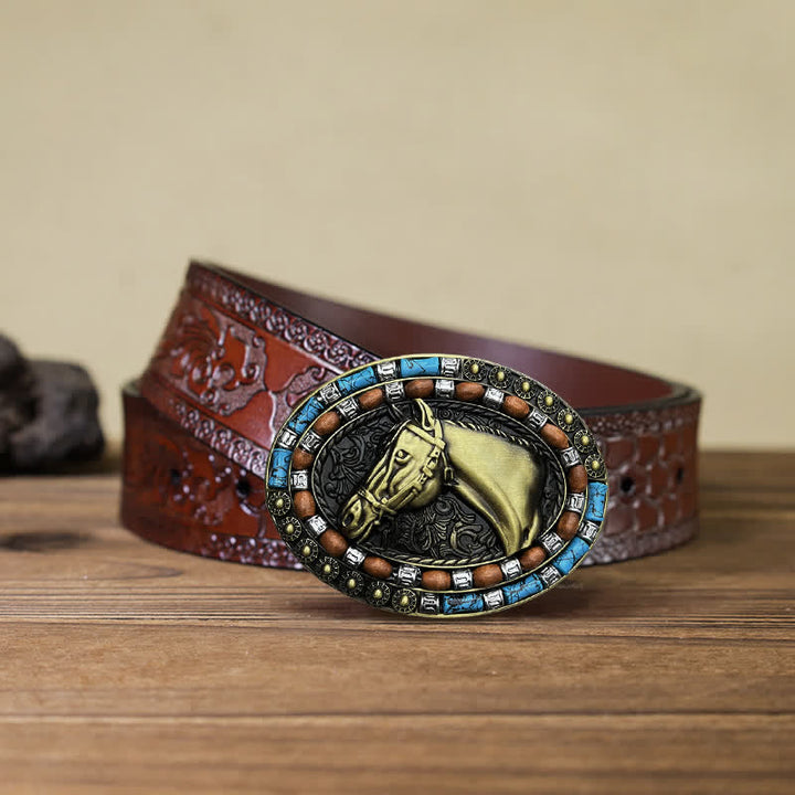 Cintura in pelle con fibbia turchese a forma di testa di cavallo fai da te da uomo - Bronzo - Cintura marrone intagliata (40) - image 14
