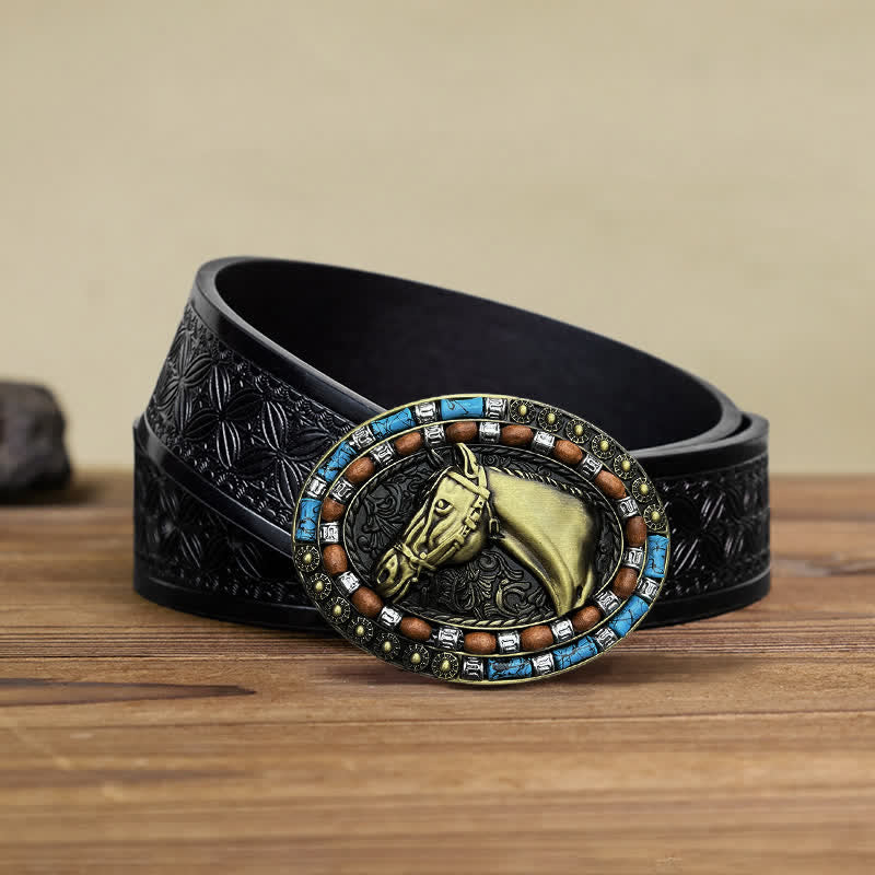 Cintura in pelle con fibbia turchese a forma di testa di cavallo fai da te da uomo - Bronzo - Cintura in tessuto goffrato nero (40) - image 10