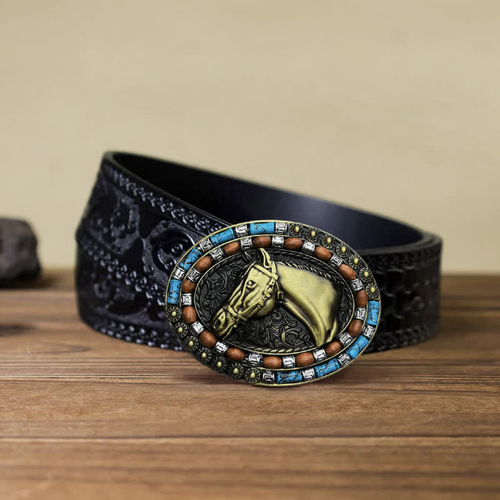 Cintura in pelle con fibbia turchese a forma di testa di cavallo fai da te da uomo - Bronzo - Cintura nera intagliata (40) - image 12