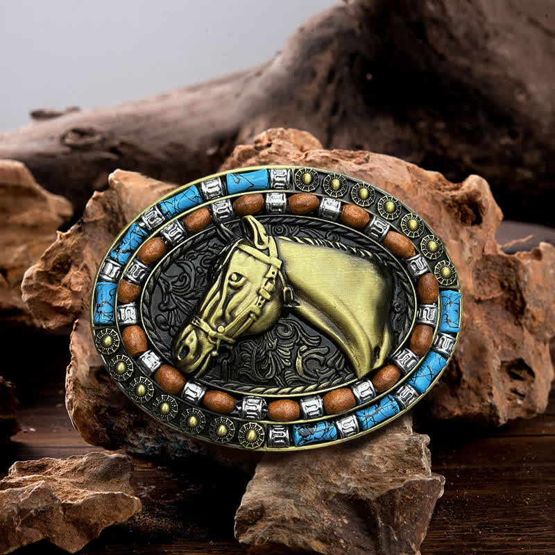 Cintura in pelle con fibbia turchese a forma di testa di cavallo fai da te da uomo - Bronzo - Senza cintura - image 2