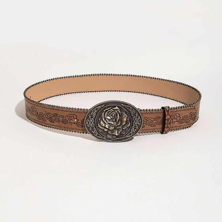 Cintura in pelle stampata con fibbia a forma di rosa in stile occidentale - image 6