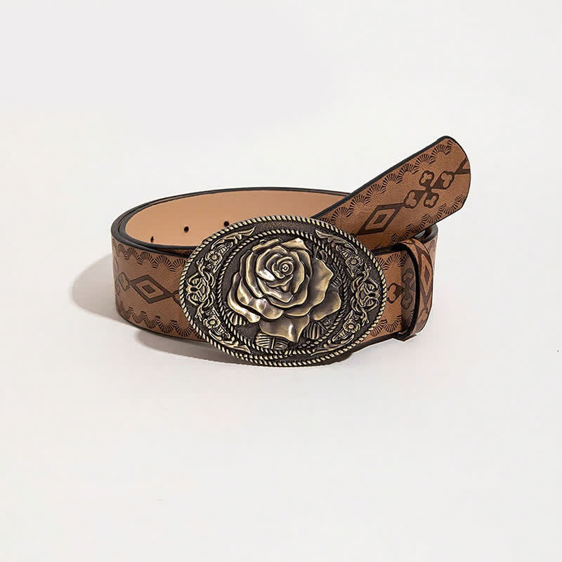 Cintura in pelle stampata con fibbia a forma di rosa in stile occidentale - Diamante marrone - 40 - image 7