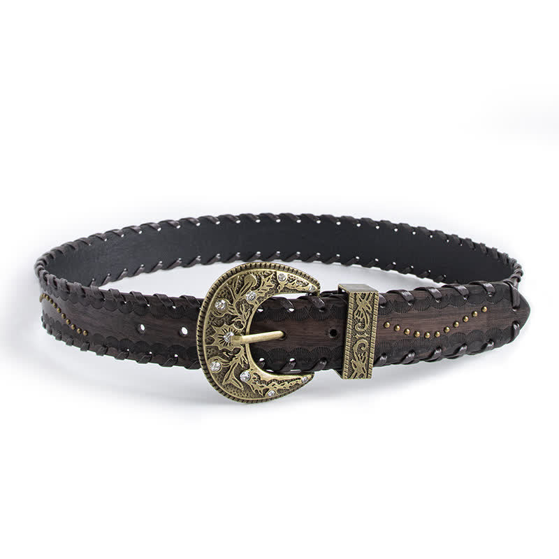 Cintura in pelle goffrata con rivetti in strass retrò da donna - Caffè - 32 - image 0