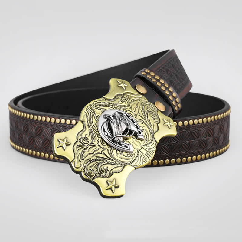 Cintura da uomo in pelle con borchie e borchie in rilievo a forma di cavallo western - image 1
