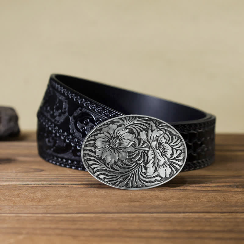 Cintura in pelle con fibbia floreale ovale western fai da te da uomo - Argento - Cintura nera intagliata (40) - image 6