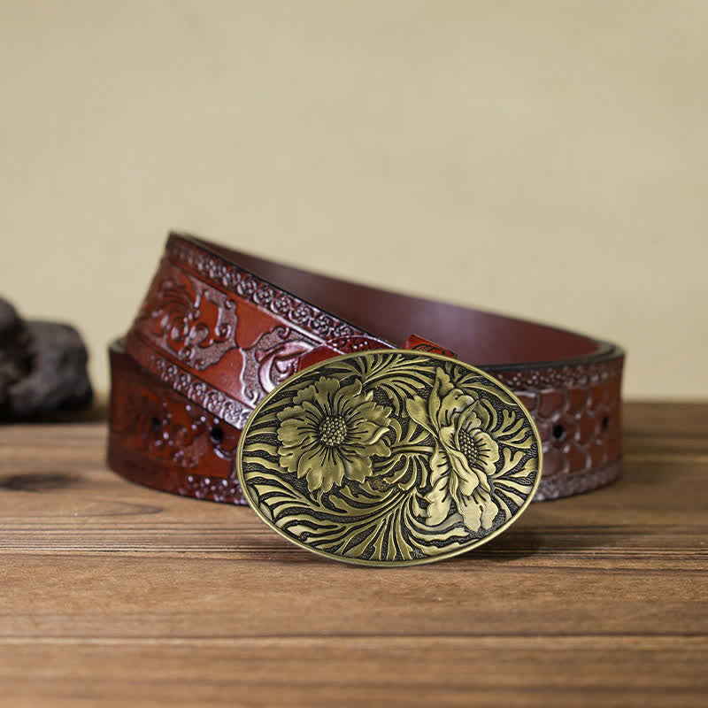 Cintura in pelle con fibbia floreale ovale western fai da te da uomo - Bronzo - Cintura marrone intagliata (40) - image 15