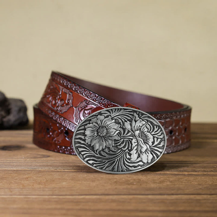 Cintura in pelle con fibbia floreale ovale western fai da te da uomo - Argento - Cintura marrone intagliata (40) - image 7