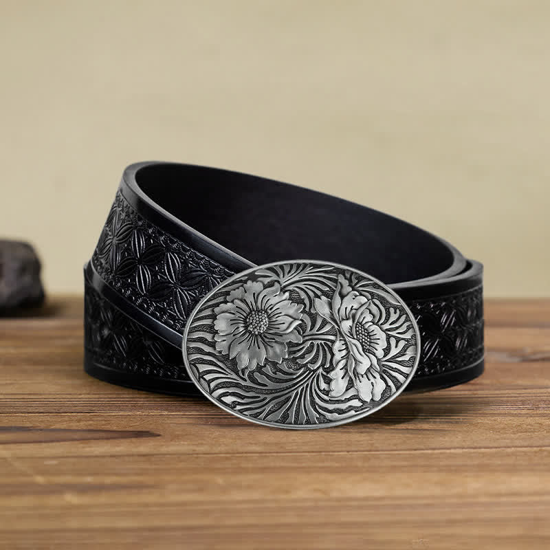 Cintura in pelle con fibbia floreale ovale western fai da te da uomo - Argento - Cintura in tessuto goffrato nero (40) - image 5
