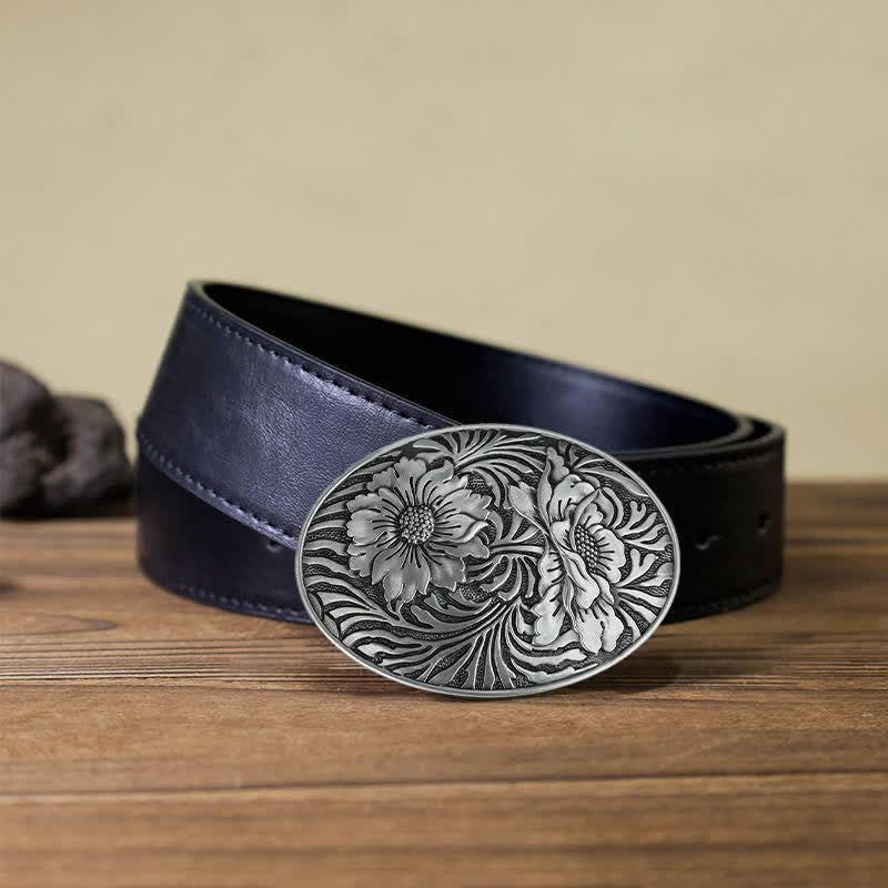 Cintura in pelle con fibbia floreale ovale western fai da te da uomo - Argento - Cintura PU nera (40) - image 3