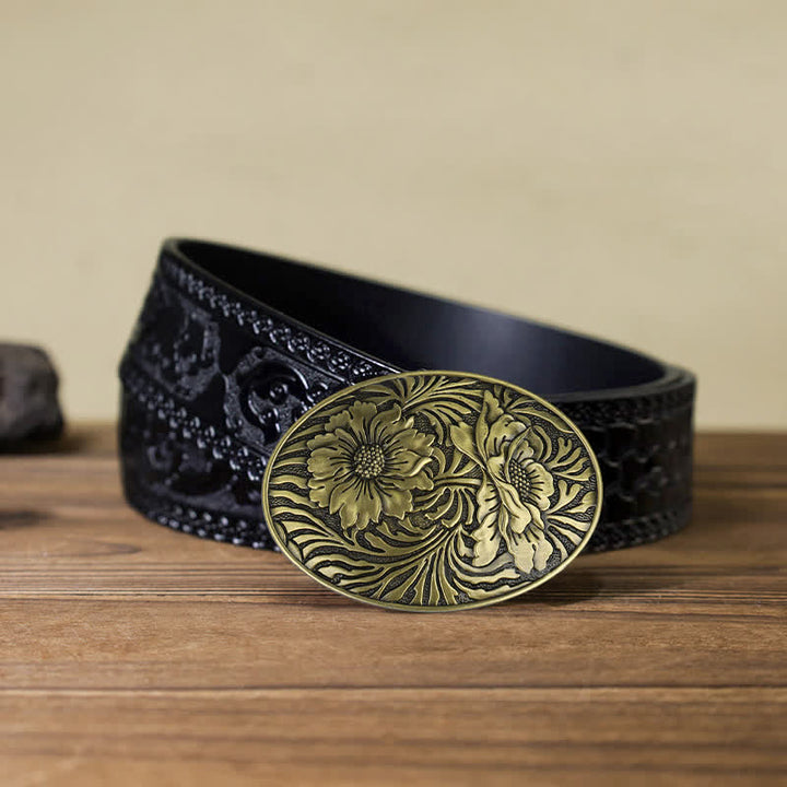 Cintura in pelle con fibbia floreale ovale western fai da te da uomo - Bronzo - Cintura nera intagliata (40) - image 14