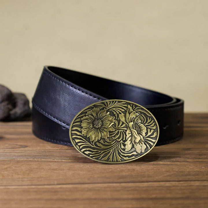 Cintura in pelle con fibbia floreale ovale western fai da te da uomo - Bronzo - Cintura PU nera (40) - image 11