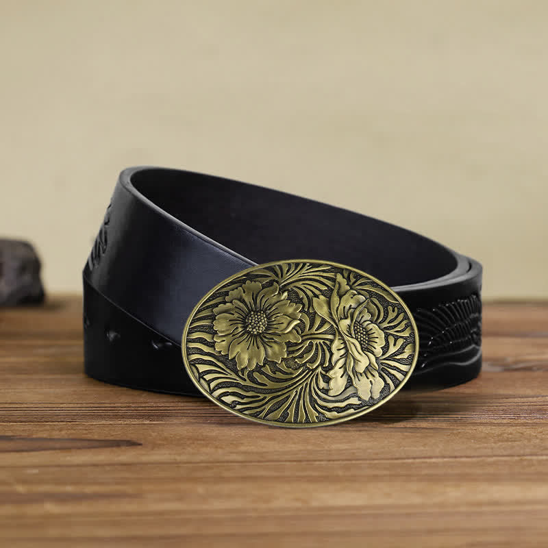 Cintura in pelle con fibbia floreale ovale western fai da te da uomo - Bronzo - Cintura aquila in rilievo nera (40) - image 12