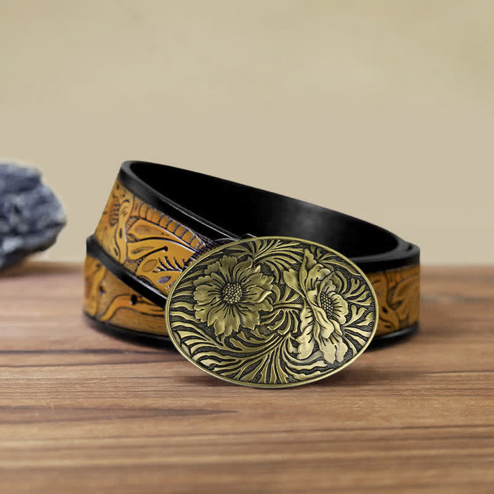 Cintura in pelle con fibbia floreale ovale western fai da te da uomo - Bronzo - Cintura marrone sabbia (40) - image 16