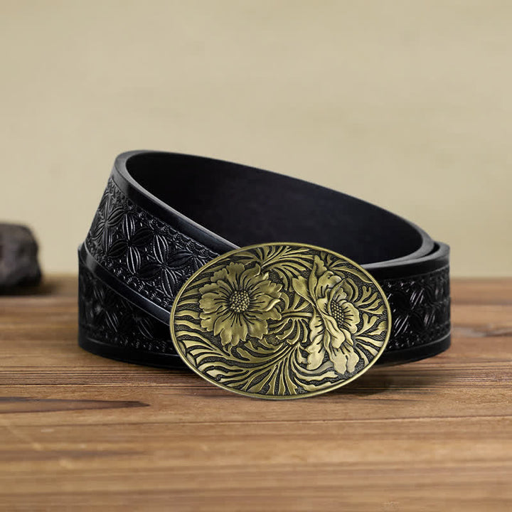 Cintura in pelle con fibbia floreale ovale western fai da te da uomo - Bronzo - Cintura in tessuto goffrato nero (40) - image 13