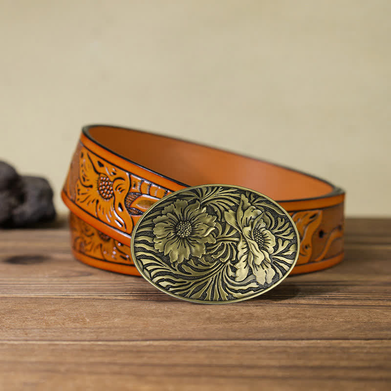 Cintura in pelle con fibbia floreale ovale western fai da te da uomo - Bronzo - Cintura intagliata arancione (40) - image 17