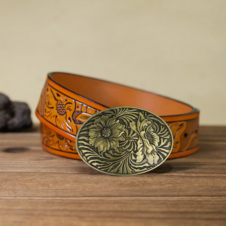 Cintura in pelle con fibbia floreale ovale western fai da te da uomo - Bronzo - Cintura intagliata arancione (40) - image 17