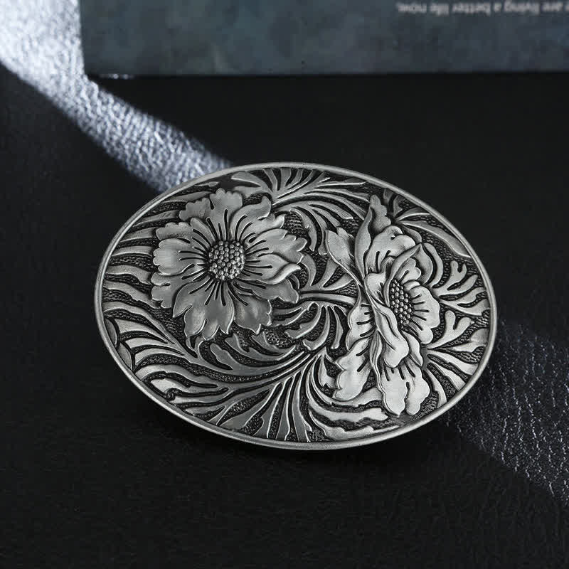 Cintura in pelle con fibbia floreale ovale western fai da te da uomo - Argento - Senza cintura - image 0