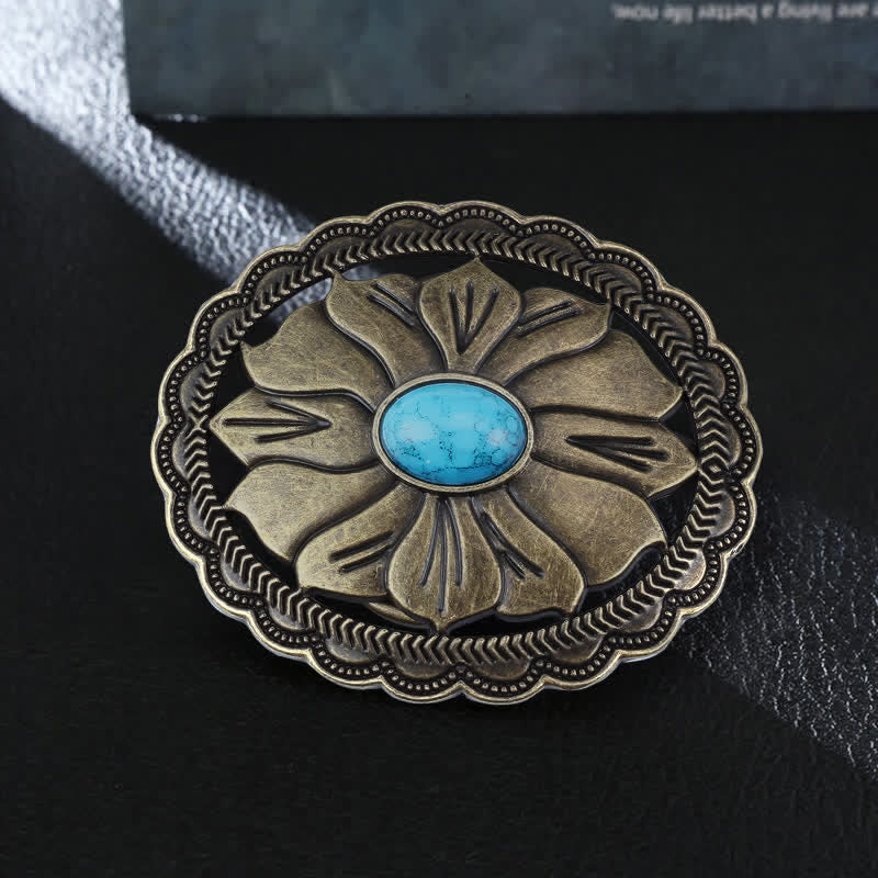 Cintura in pelle con fibbia floreale intarsiata turchese fai da te da uomo - Bronzo - Senza cintura - image 0