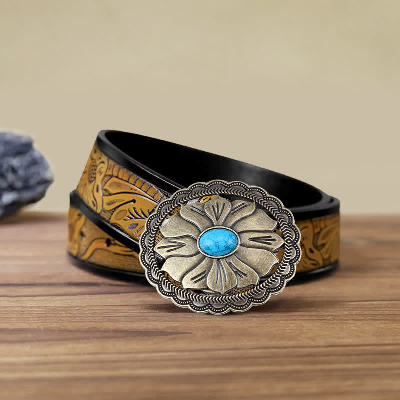 Cintura in pelle con fibbia floreale intarsiata turchese fai da te da uomo - Bronzo - Cintura marrone sabbia (40) - image 10