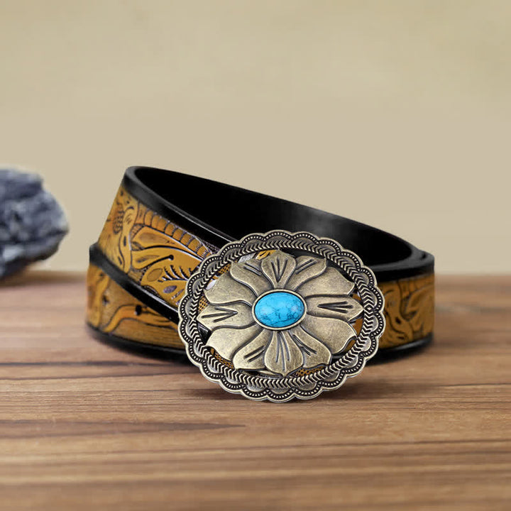 Cintura in pelle con fibbia floreale intarsiata turchese fai da te da uomo - Bronzo - Cintura marrone sabbia (40) - image 10