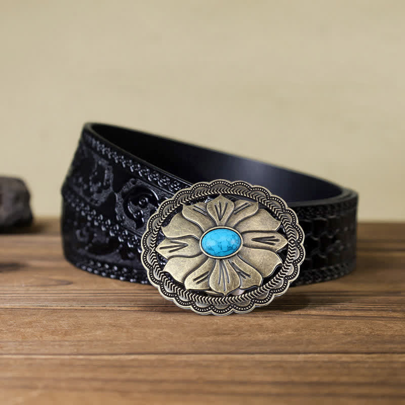Cintura in pelle con fibbia floreale intarsiata turchese fai da te da uomo - Bronzo - Cintura nera intagliata (40) - image 8