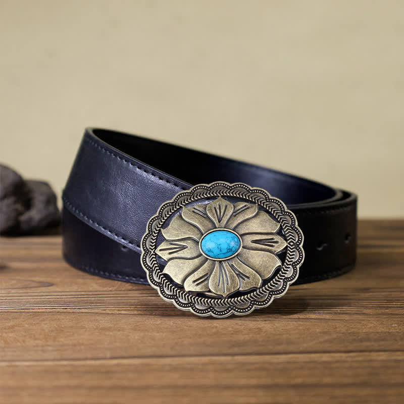 Cintura in pelle con fibbia floreale intarsiata turchese fai da te da uomo - Bronzo - Cintura PU nera (40) - image 5