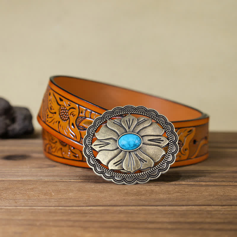 Cintura in pelle con fibbia floreale intarsiata turchese fai da te da uomo - Bronzo - Cintura intagliata arancione (40) - image 11