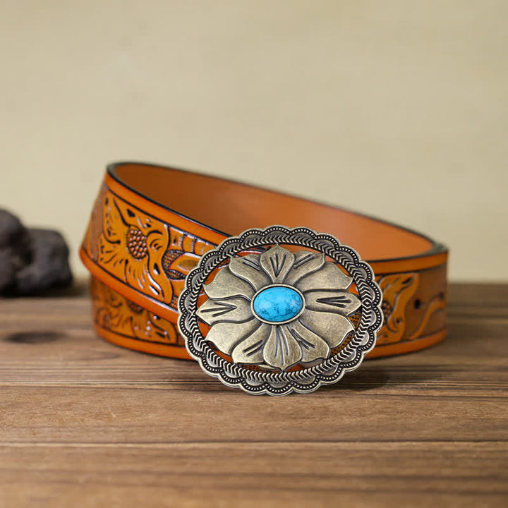 Cintura in pelle con fibbia floreale intarsiata turchese fai da te da uomo - Bronzo - Cintura intagliata arancione (40) - image 11