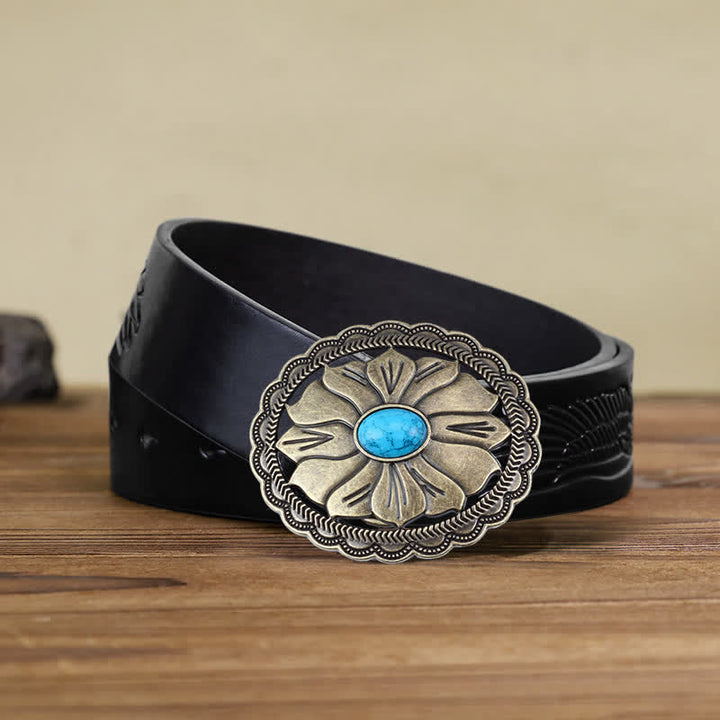 Cintura in pelle con fibbia floreale intarsiata turchese fai da te da uomo - Bronzo - Cintura aquila in rilievo nera (40) - image 6