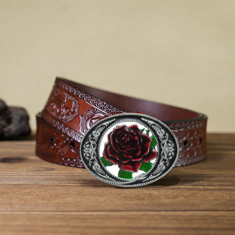 Cintura in pelle con fibbia a forma di rosa colorata fai da te da uomo in stile western - Rosa - Cintura marrone intagliata (40) - image 9