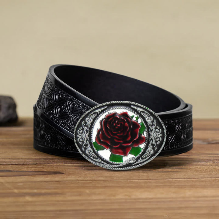Cintura in pelle con fibbia a forma di rosa colorata fai da te da uomo in stile western - Rosa - Cintura in tessuto goffrato nero (40) - image 7