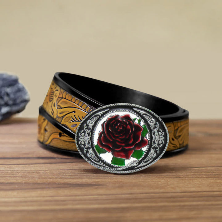 Cintura in pelle con fibbia a forma di rosa colorata fai da te da uomo in stile western - Rosa - Cintura marrone sabbia (40) - image 10